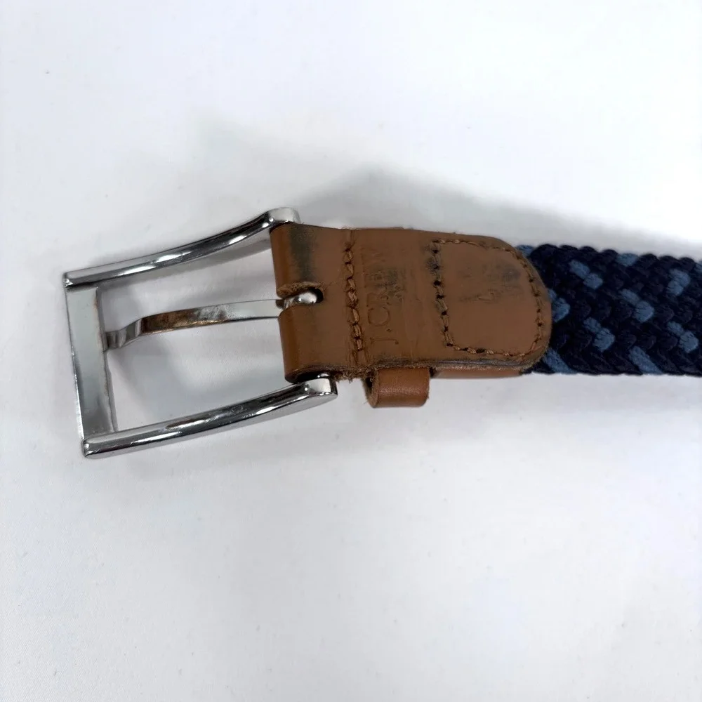 J.Crew Woven Belt Navy Blue Brown Leather Trim Silver Buckle Large